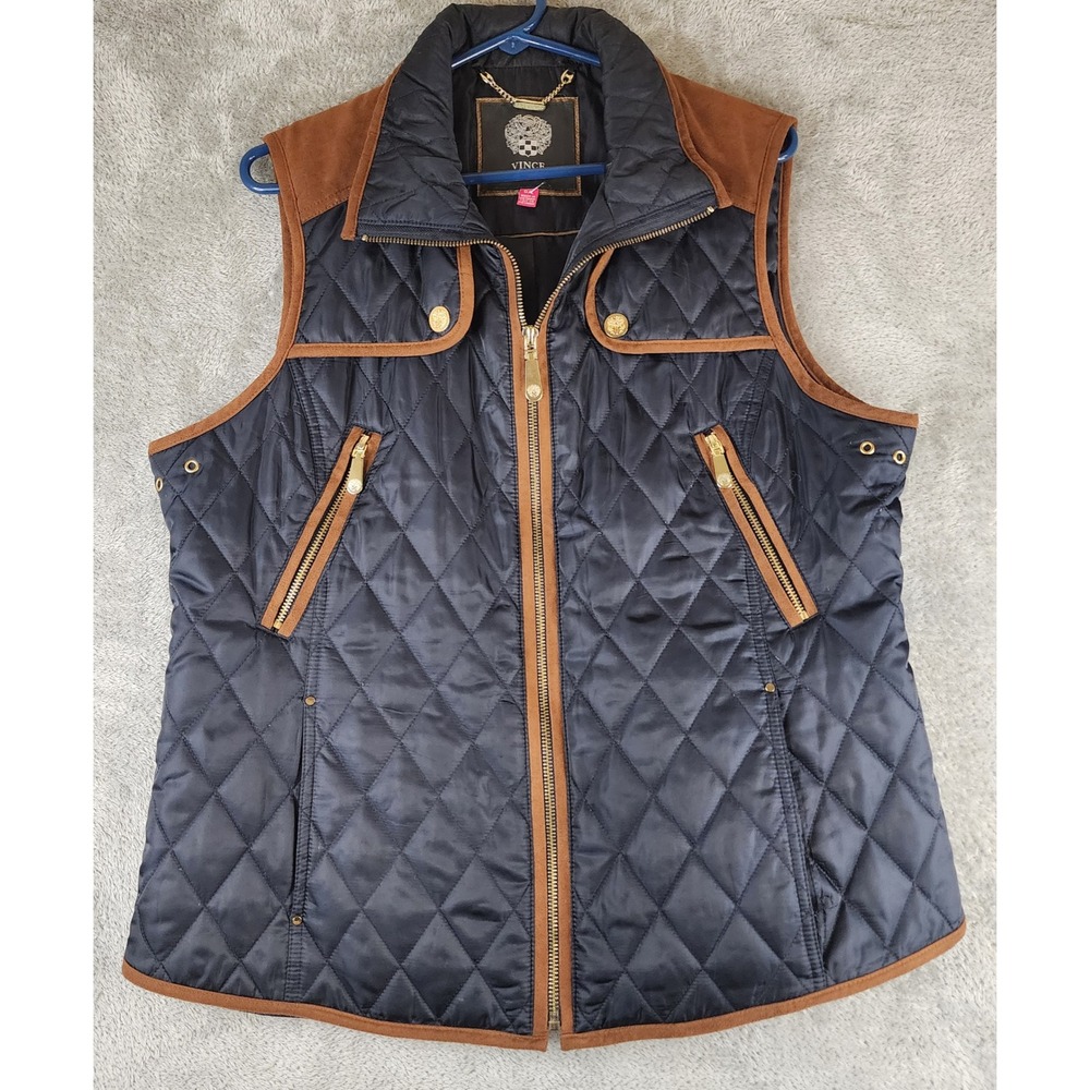 Vince Camuto Quilted Vest Womens Large Navy Blue Faux Suede Trim Gold Hardware